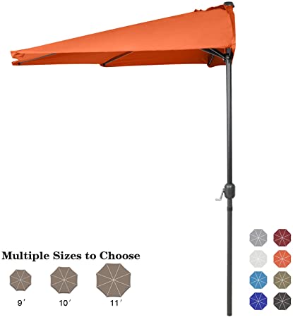 ABCCANOPY 9FT Patio Umbrella Half Round Outdoor Umbrella with Crank for Wall Balcony Door Window Sun Shade (Orange)