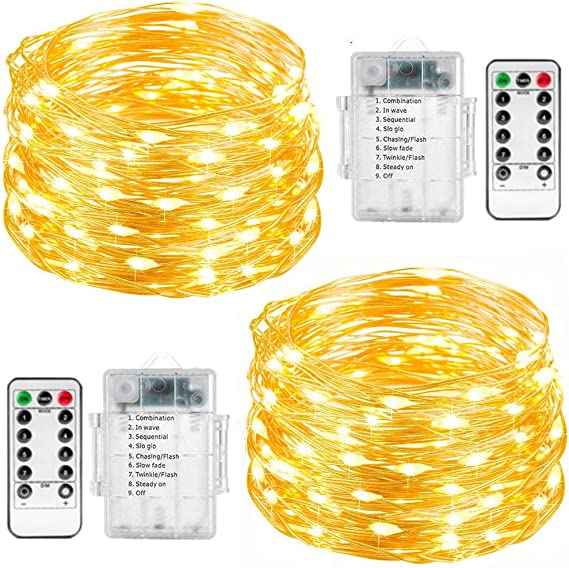 Fairy String Lights, 2 Set 33ft 100 Led Fairy Lights Battery Operated Copper Wire Lights with Remote Control, 8 Mode Waterproof Lights for Home Garden Bedroom Centerpiece Wedding Party (Warm White)