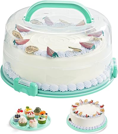 Lifewit Cake Carrier with Lid and Handle, Two Sided Cupcake Carrier Holder for 10” Cake or 9 Standard-Sized Cupcakes, Plastic Round Cake Transport Storage Container Stand for Pies and Cookies, Green