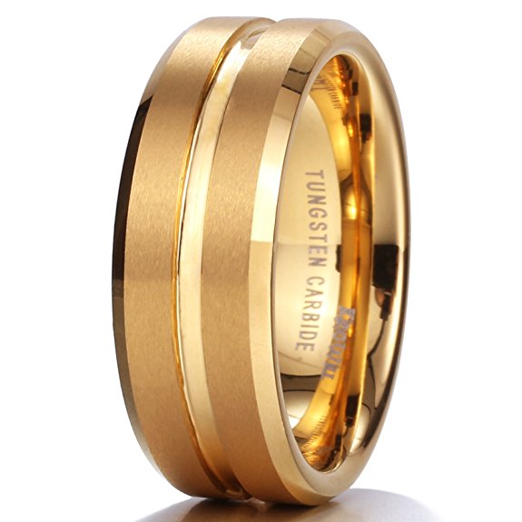 King Will Men 8mm 18K Yellow Gold Plated Tungsten Matte Finish Wedding Band Ring Comfort Fit