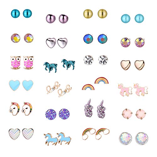 24 Pairs Cute Animals Hypoallergenic Stud earrings sets for kids Little Girls Unicorn Gift,Children's Colorful Unicorn Earrings Nickel-free Earrings,Christmas Gift