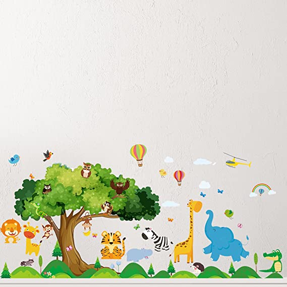 4 Pieces Animal Wall Decals Self-Adhesive Nursery Animal Wall Stickers Cute Zoo Scene Room Stickers for Kindergarten Baby Toddler Children Room Decoration