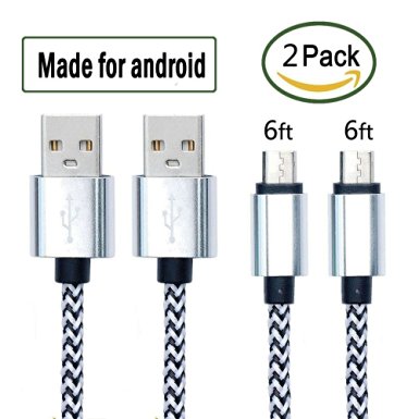 Micro USB Cable,2Pack 6FT/2M Nylon Braided Data Sync Charger Cord High Speed Tangle-free with Aluminum Connector for Android Samsung HTC Motorola LG Sony Blackberry Smartphones Tablets (silver)