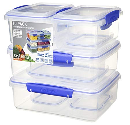 Sistema KLIP IT Food Storage Containers, Blue Clips, 2 x 200 ml/3 x 400 ml/3 x 1 Litre/2 x 2 Litre, Pack of 10