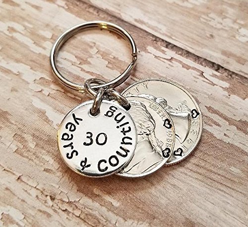 30 Years and Counting 1988 Quarter and Nickel Key Chain 30th Anniversary Gift for Him or Her