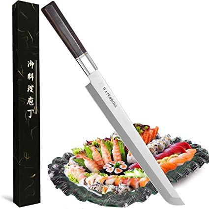 Waterboss,10.6 inch/27cm Sakimaru Knife Japanese Sushi Chef Knife Salmon Knife Slicer Sashimi Knives, 7Cr17mov Stainless Steel Sashimi Yanagiba Knife, Octagon Handle with Ebony Wooden