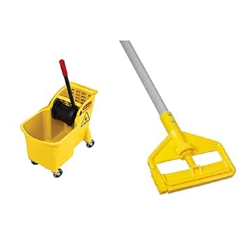 Rubbermaid Commercial Tandem Bucket and Wringer Combo (FG738000YEL)   Invader Side Gate Wet Mop Fiberglass Handle (FGH145000000)