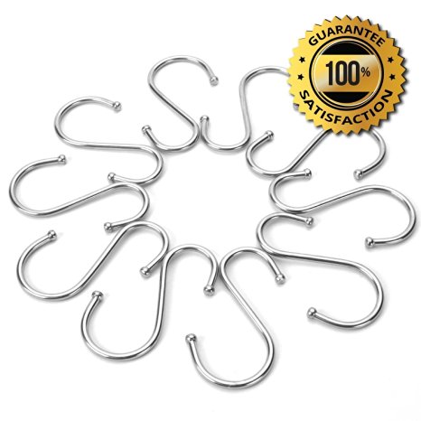 Premium S Hooks by Amerigo - S Shaped hooks - Set of 10 Heavy Duty Stainless Steel Kitchen S Hooks - Silver - Size Large - Ideal Hangers for hanging your pots and pans, plants, utensils, towels etc.