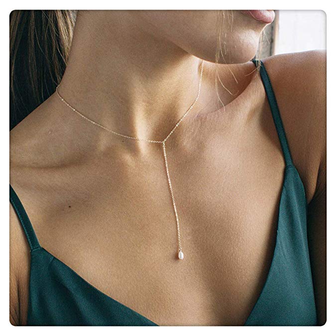 SEAYII Women Y Necklace Gold Pearl Dangle Bar Drop Lariat Dainty Gold Satellite Chain Coin Simple Layering 14K Gold Fill Delicate Handmade Gold Jewelry Gift