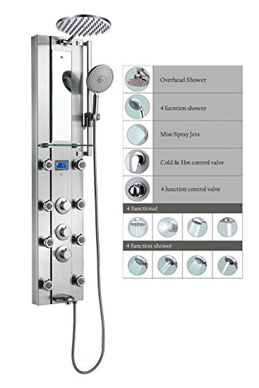 Blue Ocean 52” Stainless Steel SPS332 Thermostatic Shower Panel with Rainfall Shower Head, 8 Adjustable Nozzles, and Tub Spout