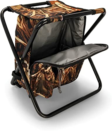 Camco Folding Camping Stool Backpack Cooler Trio- Camping/Hiking Bag with Waterproof Insulated Cooler Pockets and Sturdy Legs for Seating, Great For Travel - Camouflage (51908)