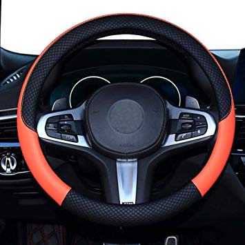SHIAWASENA Car Steering Wheel Cover, Genuine Leather, Universal 15 Inch Fit, Anti-Slip & Odor-Free (Black&Orange)