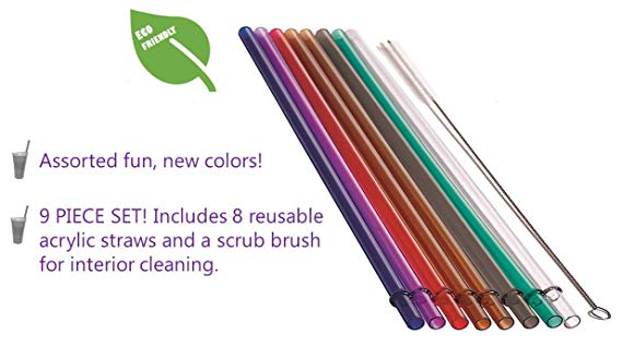BaHoki Essentials 8 pk Reusable Eco Friendly Colored Drinking Straws with Deep Cleaning Brush, Long Acrylic Straw Set for Tumblers (Dark Set)