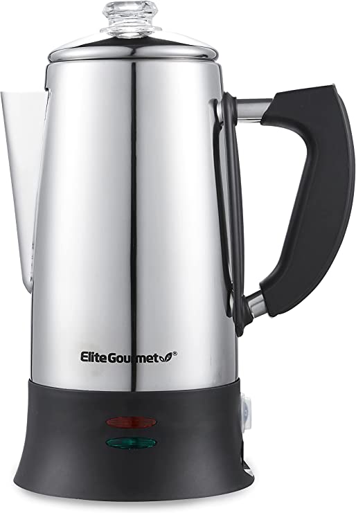 Elite Gourmet EC922 Electric Coffee Percolator Glass Clear Brew Progress Knob, Cool-Touch Handle, Cordless Serve, 12-Cup, Stainless Steel