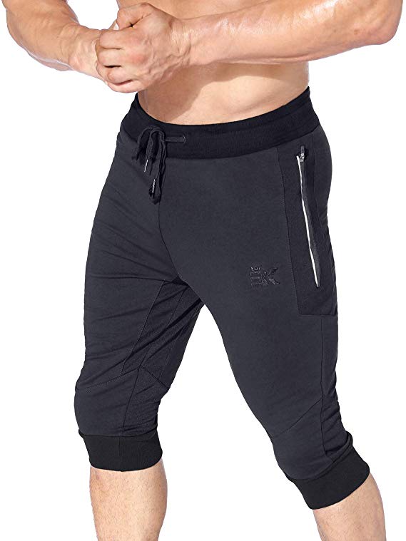 BROKIG Mens 3/4 Workout Pants, Sidelock Gym Joggers Capri Cotton Shorts with Zipper Pockets