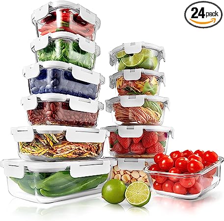 NutriChef 24-Piece Glass Food Storage Containers - Stackable Superior Glass Meal-prep Containers Bento Boxes - Innovated Hinged BPA-Free 100% Leakproof Locking Lid - Freezer-to-Oven-Safe (White)