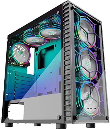 MUSETEX Mid-Tower ATX PC Case with 6pcs 120mm ARGB Fans, Computer Gaming Case with 2 Tempered Glass Panels, USB 3.0 x 2, Black, G05S6-HB-2