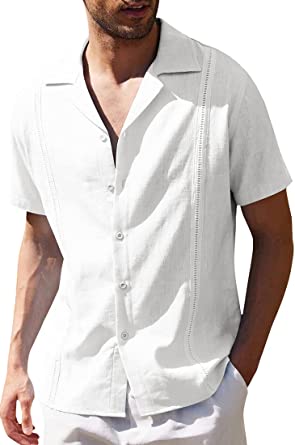 FLYCEHN Men's Button Down Cuban Guayabera Shirts Linen Cotton Short Sleeve Summer Casual Beach Shirts