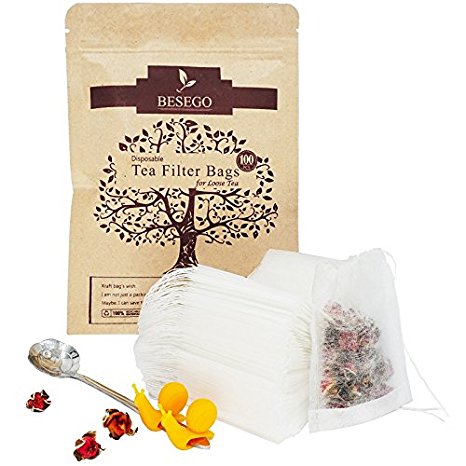 Besego 100Pcs Drawstring Tea Filter Bags with Spoon and Cup Clip, Safe & Natural Material, Disposable Empty Tea Infuser Bag for Herb and Loose Leaf Tea, 1-cup capacity (2.4×3.2in)