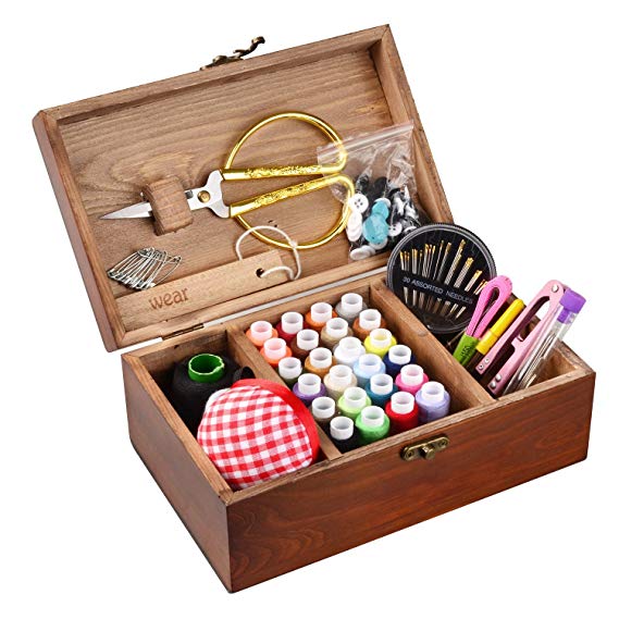ISOTO Wooden Sewing Basket with Sewing Kit Accessories Vintage Organize Box for Mon Grandma Girl Women hobbyist Household Gift