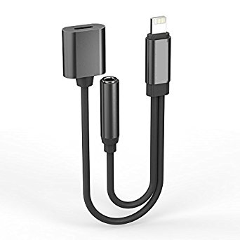 2 in 1 Lightning Adapter iPhone 7 [1-Pack], iPhone Splitter, 2-Port Lightning Headphone Audio and Charger Adapter for iPhone 7/7 Plus (Black)