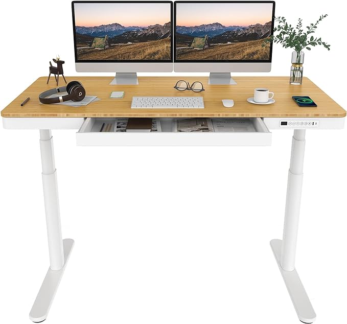 SANODESK Standing Desk with Drawer,Dual Motor 3 Stage Electric Height Adjustable Home Office Desk with Storage & Wireless Charging, 55 inch Bamboo Tabletop/White Frame