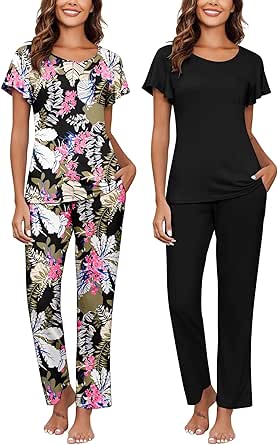 Ekouaer 2 Pack Womens Pajama Sets Short Sleeve with Long Pajama Pant Set Soft Sleepwear Printed Pj Lounge Sets with Pockets