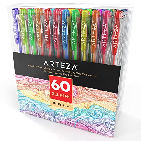 Arteza Gel Pens 60-Individual-Colors Acid-Free & Non-Toxic (0.8-1.0 mm Tips, Set of 60)