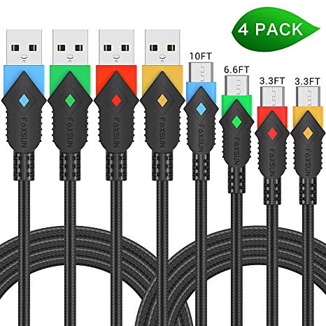 Micro USB Cable, Foxsun 4pack 1M 1M 2M 3M High Speed Android Charger Cable Nylon Braided Micro USB Charger Cable for Samsung Galaxy S6/S7 Edge/Note,HTC,Nokia,Sony,LG, Nexus,Kindle,PS4,Tablet and More