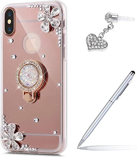 ikasus Case for iPhone XR Diamond Case,Crystal Inlaid diamond Flowers Rhinestone Diamond Glitter Bling Mirror Back TPU Case & Ring Stand   Touch Pen Dust Plug for iPhone XR Mirror Case,Rose Gold