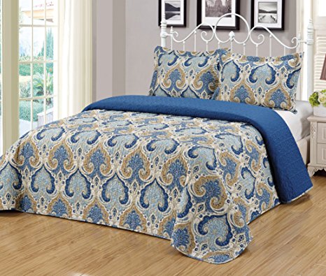 Mk Collection 3pc Bedspread coverlet quilted Reversible Floral Blue Beige Taupe Bernice New (King)