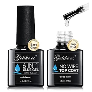 gelike ec 6 in 1 Nail Glue Base Gel and Top Coat Kit 2PCS for Nail Polish, Base Gel Nail Glue No Wipe Top Coat Super Shiny Stain Resistant for False Nail Tips Long Lasting UV Needed