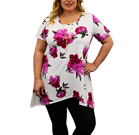 Urban Rose Womens Plus-Size Floral Top, Sharkbite Hem with Necklace