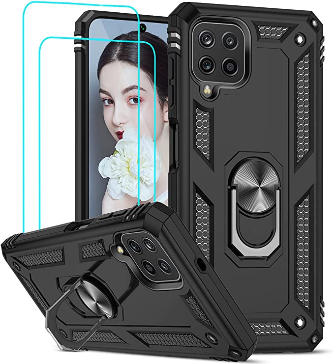 LeYi for Samsung Galaxy M32 4G/A22 4G Case(NOT for 5G) and 2 Tempered Glass Screen Protector,Ring Holder Military Grade Protective Silicone Tough Shockproof Armor Phone Cover, Black