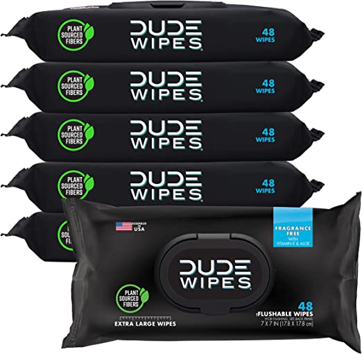 Dude Wipes Flushable Wet Wipes Dispenser (3 Packs 48 Wipes), Unscented Wet Wipes with Vitamin-E & Aloe for at-Home Use, Septic and Sewer Safe