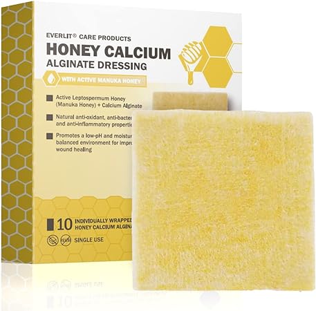 EVERLIT Honey Calcium Alginate Dressing 2” x 2” Pack of 10 | Sterile, Highly Absorbent Dressing With Pure Manuka Honey | Advanced Wound Care For Cuts, Skin Tears, Burns, Pressure Sores, Diabetic Ulcer