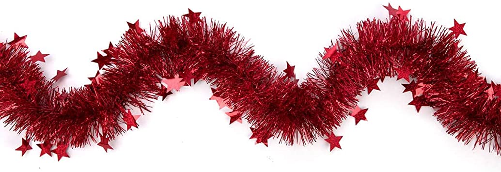 ARCCI Red Christmas Tinsel Garland Star Sparkly Hanging, 1PCS 20ft Classic Thick Colorful Reflections Shiny Sparkly Soft Party Hanging Tinsel Ornaments Ceiling Xmas Tree Decorations, 3.5 inch Wide