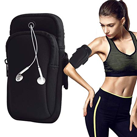 August Sport Running Arm Bag, Outdoors Double Pouch Armband Holder fit All Below 6 Inch Cellphone for Exercise