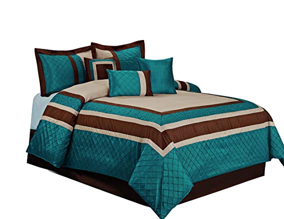 HIG 7 Piece Comforter Set Queen-Teal Series Patchwork Diamond Pintuck-MYA Bed in A Bag Queen Size-Soft, Hypoallergenic,Fade Resistant-1 Comforter,2 Shams,3 Decorative Pillows,1 Bedskirt