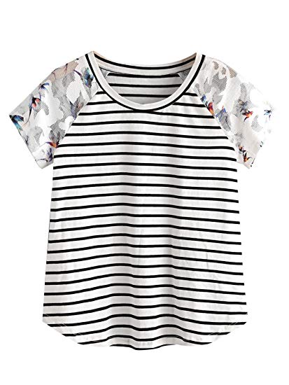 Romwe Women's Floral Print Short Sleeve Tops Striped Casual Blouses T Shirt