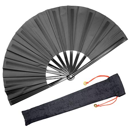 OMyTea Chinese Kung Fu Tai Chi Large Hand Folding Fan for Men/Women - with a Fabric Case for Protection - for Performance/Dance / Fighting/Gift (Black)
