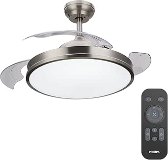 Plafonnier PHILIPS LED Bliss 28W avec ventilateur moteur continu 35 W, télécommande incluse. Eclairage de blanc chaud à blanc froid. Idéal pour éclairage de plafond, salon et chambre à coucher, Nickel