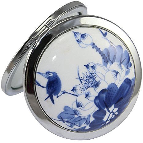 KOLIGHT Chinese Landscape Flower Bird Double Sides (One is Normal,Another is Magnifying)Portable Foldable Pocket Metal Makeup Compact Mirror Woman Cosmetic Mirror (Blue Chinese Landscape)