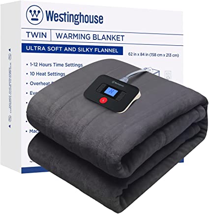 Westinghouse Electric Blanket Flannel | 62x84 inch Warming Heated Blanket-Home, Bed, 1-12 Hour Time Setting, Machine Washable, Grey