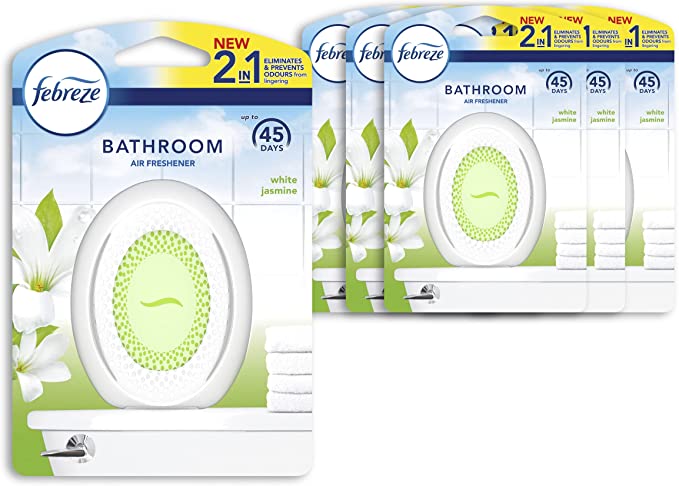 Febreze Bathroom Air Freshener, 8 Units, Odour Eliminator & Prevention, White Jasmine Scent