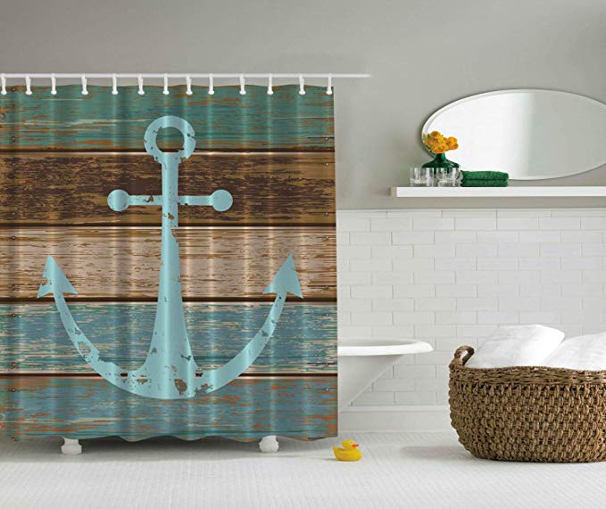 Ambesonne Nautical Anchor Rustic Wood Long Fabric Shower Curtain