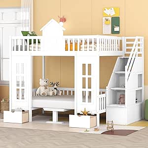 Full Over Full Bunk Beds with Stairway, Full Size Loft Bed with Desk and Seat Can Be Turned Into Bunk Bed, Wood Convertible Bunk Bed with 2 Storage Drawers for Kids Teens, No Box Spring Needed (White)