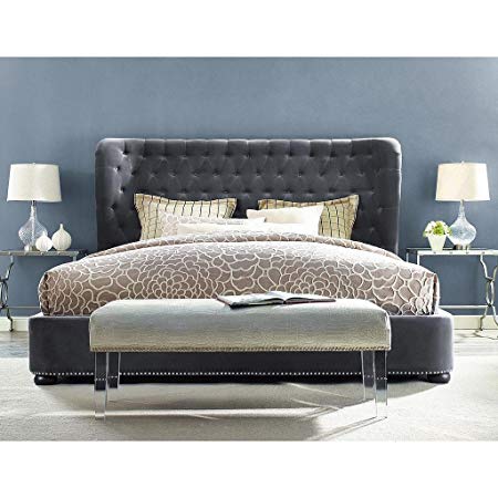 TOV Furniture The Finley Collection Contemporary Style Velvet Upholstered Button Tufted Wingback Bed with Nailhead Trim, Queen Size, Grey