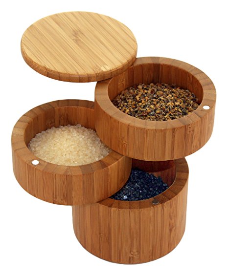 Totally Bamboo Triple Salt Box, Bamboo Container with 3 Compartments and Magnets For Secure Storage