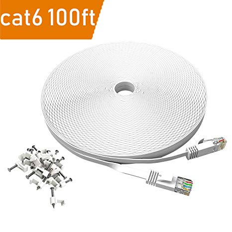 100 ft Cat 6 Ethernet Cable White – DaBee Flat Wire LAN Rj45 High Speed Internet Network Cable Slim with Clips – Faster Than Cat5e Cat5 with Snagless Connectors- (30 Meters) (100FT-White)
